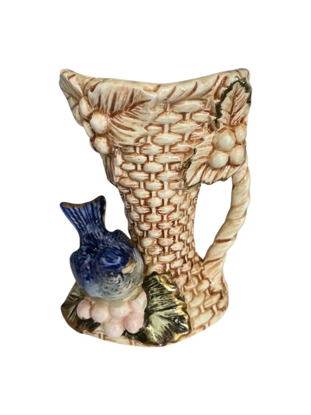 Vintage Norleans Japan Bluebird Basket Weave Bud Vase Grapes Ceramic Cottage Dec